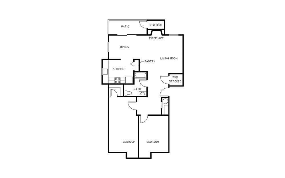 2x1 - 2 bedroom floorplan layout with 1 bath and 937 square feet.