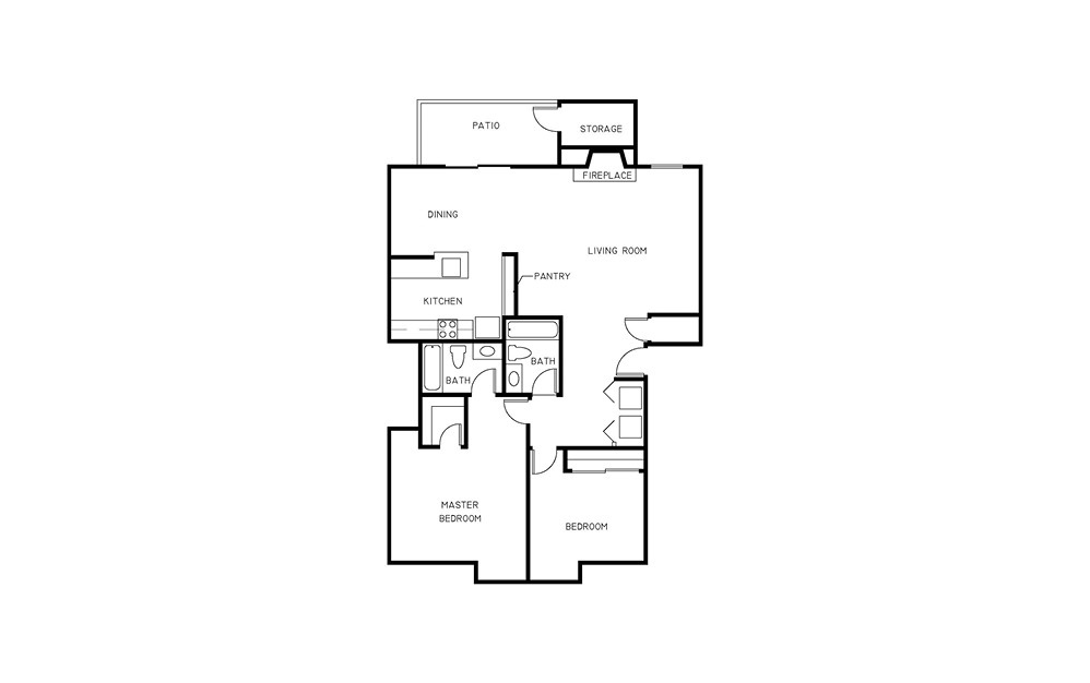 2x2 B - 2 bedroom floorplan layout with 2 baths and 979 square feet.